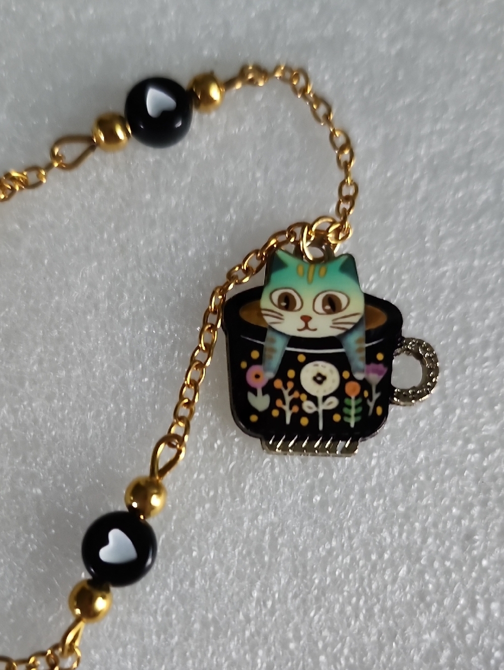 Hand Crafted Gold and Black Cat-in-Cup Bracelet / Anklet